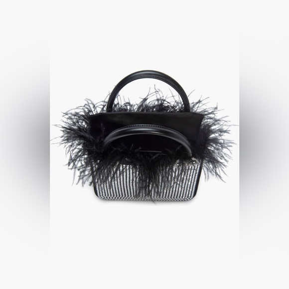 Mach & Mach Crystal & Feather Trim Satin Bag (Black) - Picture 3 of 13